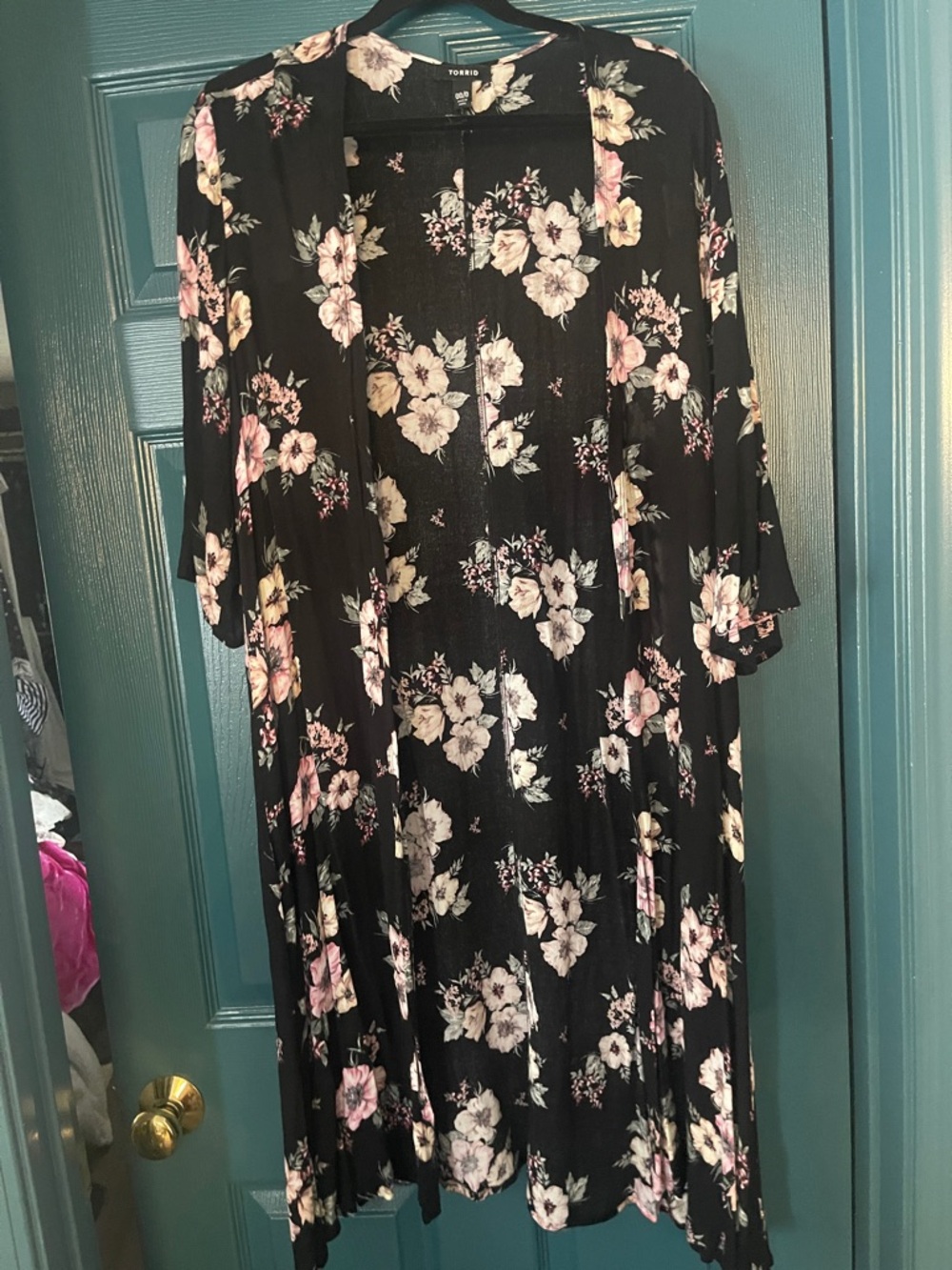 torrid Black Floral Open-Front Duster with Pink and Cream Blooms